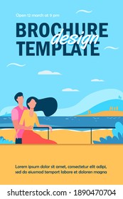 Dating couple enjoying vacation by sea. Man and woman hugging on beach flat vector illustration. Tourism, leisure, summer concept for banner, website design or landing web page