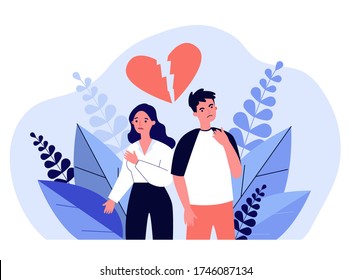 Dating couple having conflict. Unhappy man and woman, broken heart, quarrel flat vector illustration. Relationship, breakup concept for banner, website design or landing web page