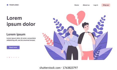 Dating couple having conflict. Unhappy man and woman, broken heart, quarrel flat vector illustration. Relationship, breakup concept for banner, website design or landing web page