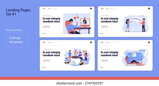 Dating couple meeting online and in coffee shop set. Customers giving positive feedback. Flat vector illustration. Communication, coronavirus concept for banner, website design or landing web page