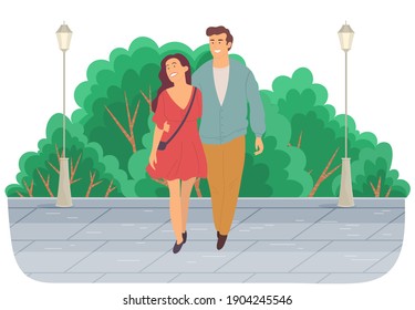 Dating couple outdoor cityscape in the day time. Young peolpe smiling man and woman go hug, walking. Girl with guy, people in love spend time together, relationships between male and female