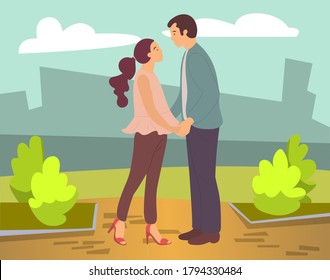 Dating couple outdoor illustration. Young peolpe man and woman holding hands looking into each other's eyes. Girl with guy, people in love spend time together, relationships between male and female