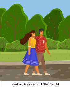 Dating couple outdoor summer landscape walking together. Young peolpe smiling man and woman hugging walking. Girl with guy, people in love spend time together, relationships between male and female