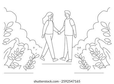 Dating Couple Outdoors vectors, A loving couple celebrates a special holiday, sharing a heartfelt moment while holding hands. The man and woman enjoy their time together, cherishing each other's.