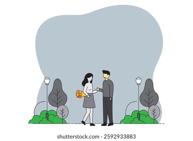 Dating Couple Outdoors vectors, A loving couple celebrates a special occasion, holding hands as they enjoy their time together. The young man and woman share a romantic moment, relaxing and cherishing