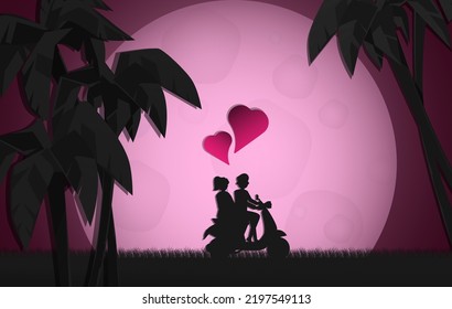 Dating couple riding motorbike in moonlight .Vector Illustration