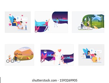 Dating couple set. Young man and woman chatting on Internet, spending time together outdoors. Flat vector illustrations. Love, communication concept for banner, website design or landing web page