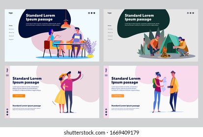 Dating couple set. Young man and woman camping, meeting in cafe, walking tourists. Flat vector illustrations. Activity, relationship, leisure concept for banner, website design or landing web page