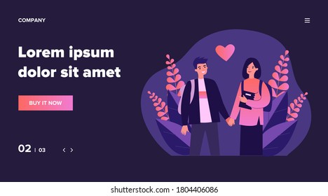 Dating couple of students. Happy young man and woman holding hands, red heart shape flat vector illustration. Love, relationship, romance concept for banner, website design or landing web page