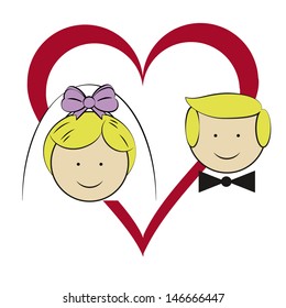 dating couple in suit silhouette with a heart behind them, white background.