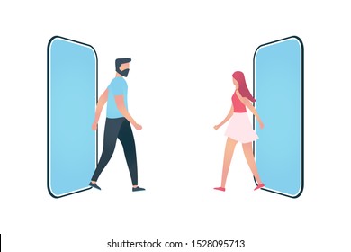 Dating couple that met in the internet, dating app, social network. Young Man or and woman go on a date. People that decided to make phone detox, leave virtual life. Flat vector illustration