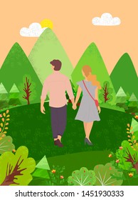 Pareja de citas caminando en la parte trasera del bosque. La gente de dibujos animados de verano pasa tiempo juntos. Hombre y mujer entre verdes colinas, árboles y arbustos