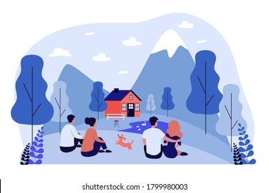 Dating couples admiring landscape in mountains. Back view of men and women sitting on ground outdoors flat vector illustration. Vacation, nature concept for banner, website design or landing web page