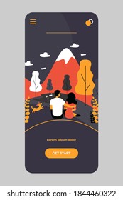 Dating couples admiring landscape in mountains. Back view of men and women sitting on ground outdoors flat vector illustration. Vacation, nature concept for banner, website design or landing web page