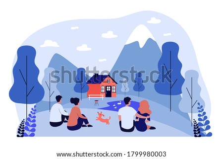 Dating couples admiring landscape in mountains. Back view of men and women sitting on ground outdoors flat vector illustration. Vacation, nature concept for banner, website design or landing web page