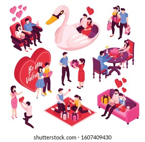 Dating couples celebrating valentines day isometric set with exchanging gifts dining together red hearts isolated vector illustration 