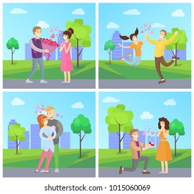 Dating couples posters set man presenting flower bouquet to woman, making proposal with ring, hugging and jumping , city area landscape trees and bushes