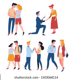 Dating couples, relationship and marriage, romantic date, love story vector. Man and woman in park walking, proposal and engagement. Hug and holding hands boyfriend and girlfriend, proposal and ring