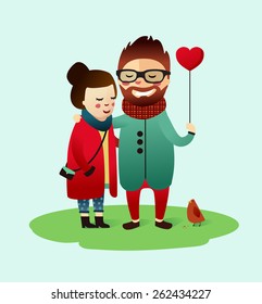 Dating for cute hipsters couple with a heart balloon and a little bird. Love. Character design.  Vector illustration. St. valentine's day
