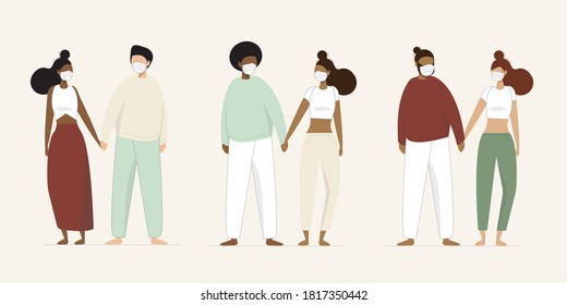 Dating during a Pandemic, Set of 3 Interracial Couples wearing masks - Corona Virus Diversity concept Character Set