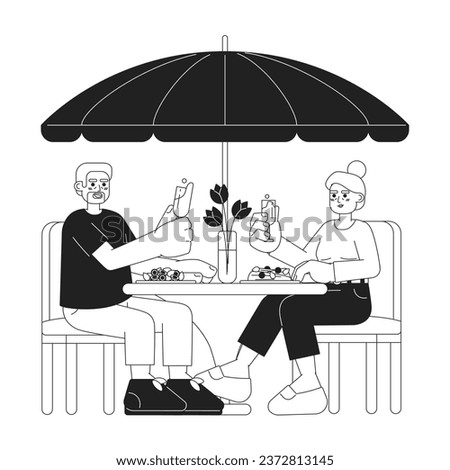 Dating elderly black and white cartoon flat illustration. Bonding heterosexual couple linear 2D characters isolated. Retired restaurant. Grandparents dinner romantic monochromatic scene vector image