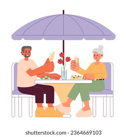 Dating elderly cartoon flat illustration. Bonding heterosexual couple 2D characters isolated on white background. Retired restaurant. Grandparents eating dinner romantic scene vector color image
