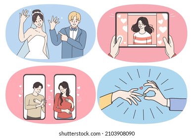 Dating engagement and marriage concept. Set of young happy couples dating online getting engaged and showing rings after wedding marriage vector illustration 