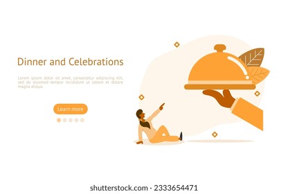 dating event illustration set. characters offers fine food from waiter. dinner dating and lover concept. vector illustration.