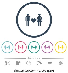 Dating flat color icons in round outlines. 6 bonus icons included.