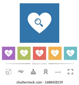 Dating flat white icons in square backgrounds. 6 bonus icons included.
