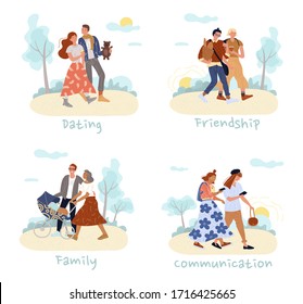 Dating, friendship, communication, family people set. Man woman walking together, networking in social media via smartphone online. Lovers talking on first date. Married couple strolling baby in pram