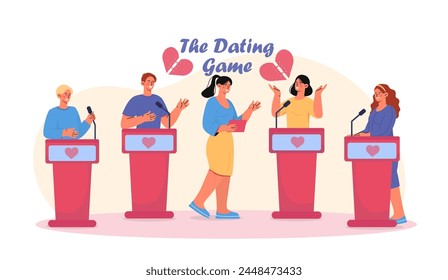 Dating game concept. TV host with guests near podiums with hearts. Entertainment industry and show for television. Romance and love. Cartoon flat vector illustration isolated on white background