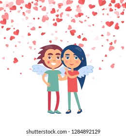 Dating girlfriend and boyfriend vector. Smiling lovers in angels wings, cartoon style teenagers isolated on background with pink paper cut hearts, vector