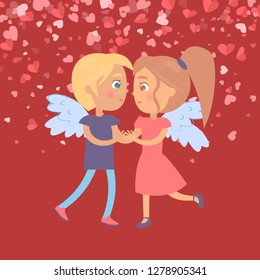 Dating girlfriend and boyfriend vector. Woman and man embracing with side view and wings in flat style. Valentine card decorated by hearts, on red