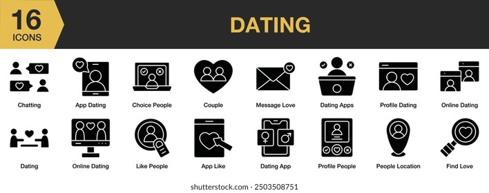 Dating Glyph icon set. Includes app like, chatting, find love, online dating, couple, and More. Solid icons vector collection.