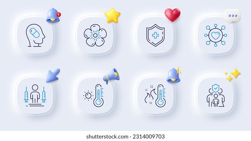 Iconos de la línea del escudo médico, termómetro alto. Botones con timbre 3d, discurso de chat, cursor. Envase de inyecciones de coronavirus, tratamiento de depresión, icono de lino natural. Vector