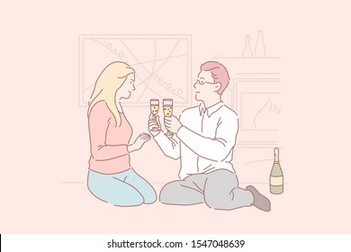 Dating at home, romantic dinner, love atmosphere concept. Family holiday, romance, Valentines Day celebration, enamored couple with champagne glasses, resting together. Simple flat vector