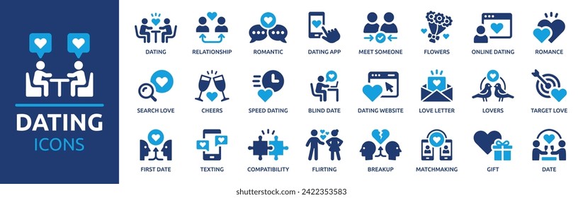 Dating icon set. Containing dating app, relationship, romance, speed dating, date, search love, matchmaking and more. Vector solid icons collection.