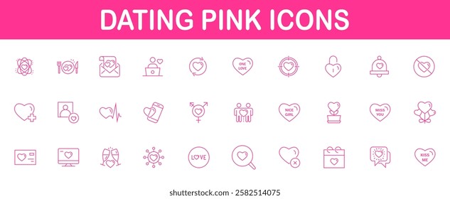 Dating icons. pink line icons. romance icons.