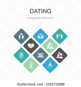 Dating Infographic 10 option color design. couple in love, fall in love, dating app, relations simple icons