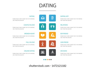 Dating Infographic 10 option concept.couple in love, fall in love, dating app, relations simple icons