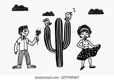 Dating in an inner city. Sweethearts in cactus with birds chirping. Woodcut, separate vectors