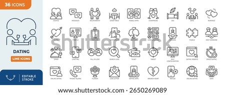 Dating line editable icon set. Containing date, relationship, dating app, romance, speed dating, search love, matchmaking and more. Editable stroke. Vector illustration