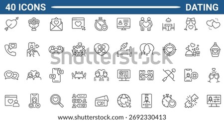 Dating line editable icon set. Containing date, relationship, dating app, romance, speed dating, search love, matchmaking and more. Editable stroke. Vector illustration