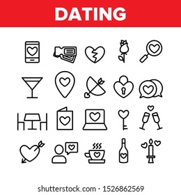 Dating Love Collection Elements Icons Set Vector Thin Line. Heart On Laptop Monitor And Gps Mark, On Postcard And Magnifier Dating Concept Linear Pictograms. Monochrome Contour Illustrations