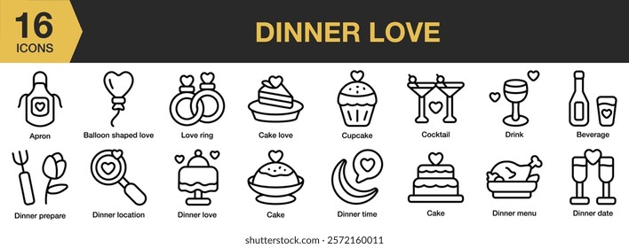 Dating Love icon set. Includes dating, romance, relationship, love, couple, and More. Outline icons vector collection.