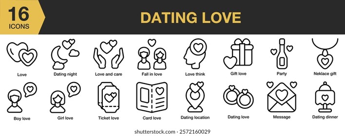 Dating Love icon set. Includes dating, romance, relationship, love, couple, and More. Outline icons vector collection.