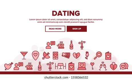 Dating Love Landing Web Page Header Banner Template Vector. Heart On Laptop Monitor And Gps Mark, On Postcard And Magnifier Dating Illustration