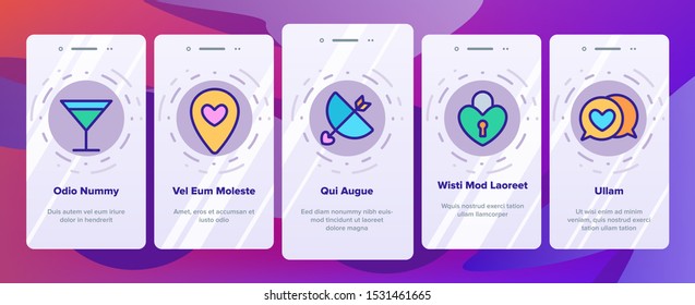 Dating Love Onboarding Mobile App Page Screen Vector Thin Line. Heart On Laptop Monitor And Gps Mark, On Postcard And Magnifier Dating Concept Linear Pictograms. Contour Illustrations