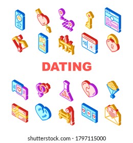 Dating Love Romantic Collection Icons Set Vector. Broken And Loving Heart, Bouquet Flowers And Chocolate Candy Box, Message And Film Dating Isometric Sign Color Illustrations